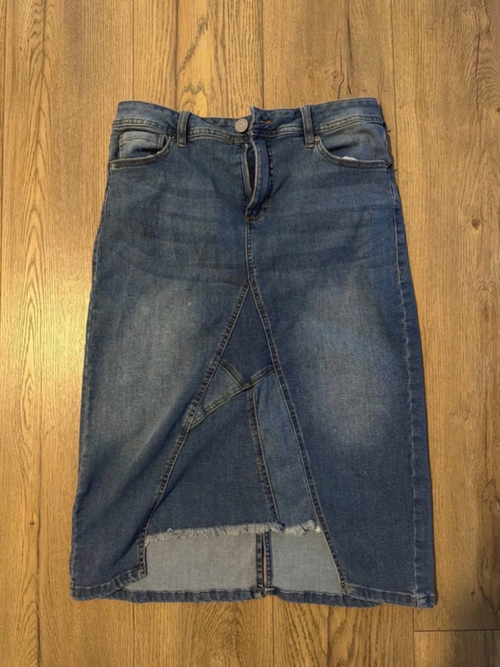 one 5 one Women's Dark Blue Denim Straight Leg Skirt with Front Crossover Slit